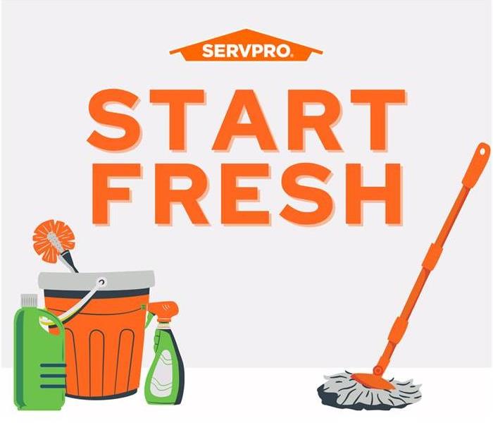 the words "Start Fresh" in orange in front of a gray background, SERVPRO logo, cleaning supplies in foreground